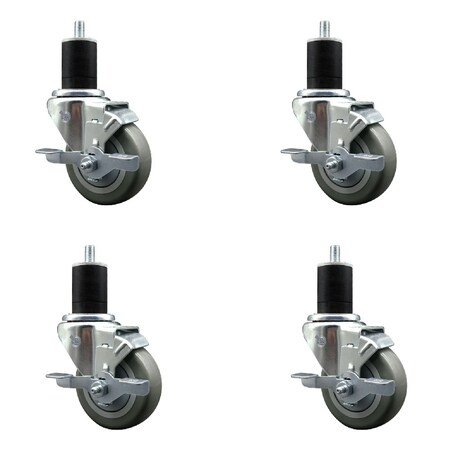 Service Caster 3.5'' SS Gray Poly Swivel 1-3/4'' Expanding Stem Caster Set with Brake, 4PK SCC-SSEX20S3514-PPUB-TLB-134-4